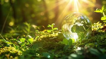 AI generated A glass globe adorned with save water icons nestled in a green forest illuminated by sunlight, Ai Generated. photo