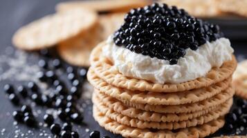 AI generated crackers topped with creamy cheese and adorned with black caviar, Ai Generated. photo