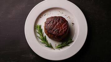 AI generated Minimalistic food advertising photograph featuring a mouthwatering steak meal, Ai Generated photo