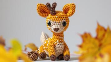 AI generated Crocheted deer toy vibrant backdrop, handcrafted and adorable, Ai Generated photo