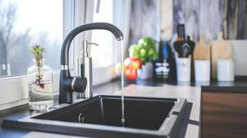 AI generated A stylish and functional modern kitchen sink, complete with a running faucet. Ai Generated photo