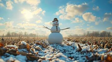 AI generated Embrace the joy of winter with a snowman gracing a vast, snowy field, a symbol of seasonal delight. Ai Generated. photo