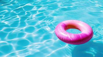 ai generado un rosado nadando piscina anillo flotador graciosamente en el superficie de el azul agua, ai generado. foto