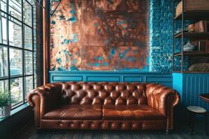 AI generated Experience the allure of a gorgeous modern industrial interior with a leather sofa in rich brown and blue hues. Ai Generated photo