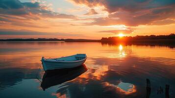 ai generado experiencia el serenidad de un barco navegación debajo el calentar matices de un atardecer, enviar dorado hora. de la naturaleza abarcar. ai generado. foto