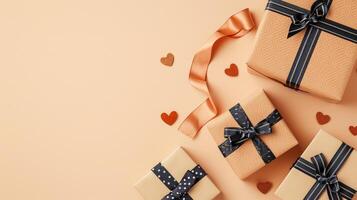 AI generated Innovative Father's Day design concept. A top view flat lay featuring a gift box, ribbon, tie, and hearts, set against a beige backdrop with room for text or advertising, Ai Generated. photo