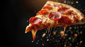 AI generated Delicious slice of pepperoni pizza soaring on a black background, an enticing design, Ai Generated. photo