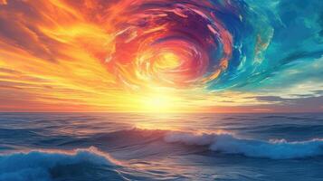 AI generated Experience the magic of a sunset over the ocean, with a vibrant, swirling display of colors in the horizon. Nature's canvas. Ai Generated. photo