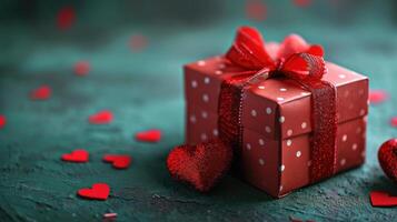 AI generated Red gift box paired with festive red hearts against a green backdrop, Ai Generated photo