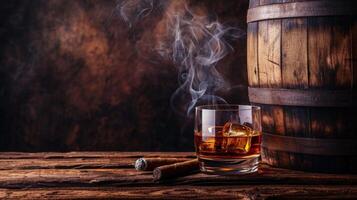 ai generado un vaso de whisky se sienta en un de madera barril, siguiente a un par de cigarros, ai generado foto