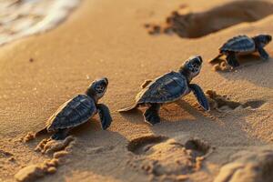 AI generated Three adorable baby turtles making their way across the sandy shore, Ai Generated. photo