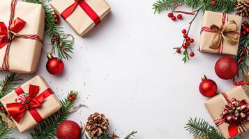 ai generado un festivo antecedentes para Navidad y nuevo año, exhibiendo un Navidad saludo tarjeta junto a regalos, todas puesto fuera en un blanco antecedentes en un parte superior vista, ai generado. foto