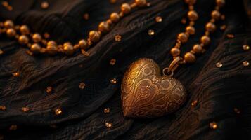 ai generado en forma de corazon colgante en negro paño, acentuado con oro rosario para elegancia, ai generado foto
