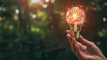 AI generated A shiny smart idea or brainstorming concept portrayed by a hand holding a shining lightbulb with a glowing brain inside, Ai Generated photo