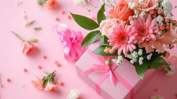 ai generado Exquisito ramo de flores de rosas y crisantemos con un rosado regalo caja, ai generado foto