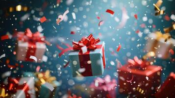 AI generated Merry New Year and Merry Christmas amid colorful gift boxes, confetti dancing, Ai Generated. photo