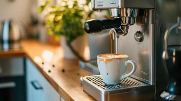 ai generado un café máquina sentado en parte superior de un mostrador en un cocina, ai generado foto