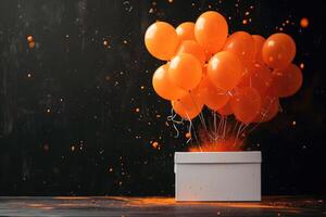 ai generado sorpresa se despliega con un explosivo ordenador portátil regalo en medio de naranja globos, ai generado. foto