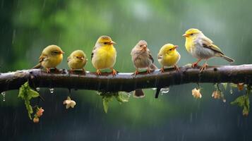 ai generado el imagen muestra cuatro aves sentado en un rama en el lluvia, ai generado foto