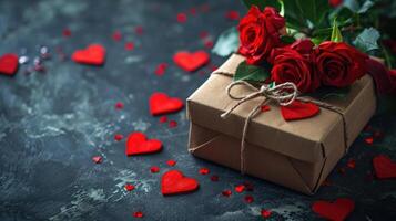 AI generated Gift box accompanied by a bouquet of fresh roses and celebratory red hearts set against a dark backdrop, Ai Generated photo