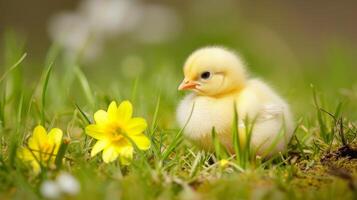 AI generated Small yellow chick sits amidst the grass next to colorful flowers, a scene of youthful innocence, Ai Generated. photo