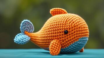 AI generated Crocheted whale toy vibrant backdrop, handcrafted and adorable, Ai Generated photo