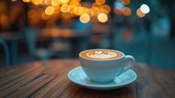 ai generado un taza de café en un platillo en un mesa en un cafetería, ai generado foto