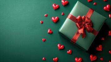 ai generado verde regalo caja acompañado por festivo rojo corazones en un verde fondo, ai generado foto