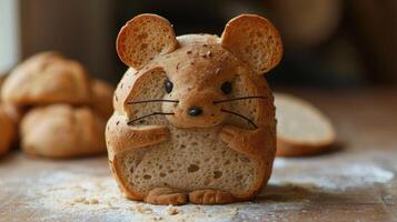 AI generated Unique bread loaf resembling an mouse resting on a wooden table, Ai Generated photo