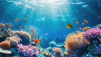 AI generated An underwater scene with a coral reef and exotic fishes showcases marine splendor, Ai Generated. photo