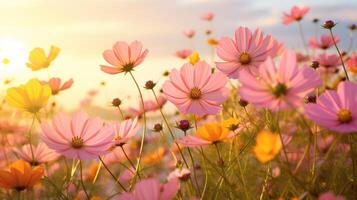 AI generated Flourishing field of yellow, pink, and orange cosmos flowers basking in the sunlight, Ai Generated photo
