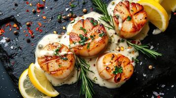 AI generated Elevate your taste buds with the harmonious blend of grilled scallops and a tantalizing lemon sauce, a culinary masterpiece, Ai Generated. photo