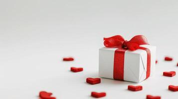 ai generado blanco regalo caja acompañado por festivo rojo corazones en un blanco fondo, ai generado foto