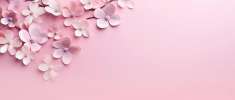 AI generated A charming arrangement of pink flowers and hearts on a pink backdrop, perfect for Mother's Day, Valentine's Day, or birthday celebrations, Ai Generated. photo