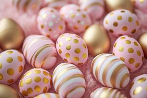 AI generated Pink and gold Easter eggs, striped and polka-dotted, create a festive pile, Ai Generated photo