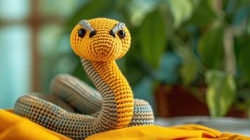 AI generated Crocheted cobra toy vibrant backdrop, handcrafted and adorable, Ai Generated photo