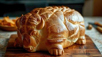 AI generated Unique bread loaf resembling an bison resting on a wooden table, Ai Generated photo