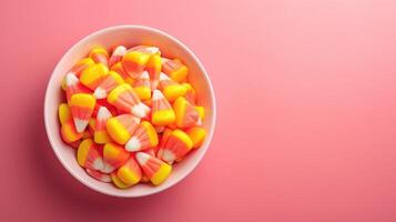 AI generated Vibrant candy corn in a bowl, against a striking pink backdrop, creating a delightful contrast, Ai Generated. photo