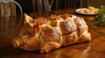AI generated Unique bread loaf resembling an pig resting on a wooden table, Ai Generated photo
