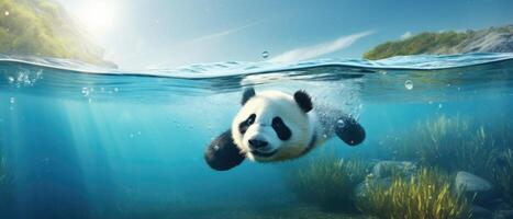 ai generado un panda oso cachorro es nadando submarino en un claro, azul río, ai generado foto