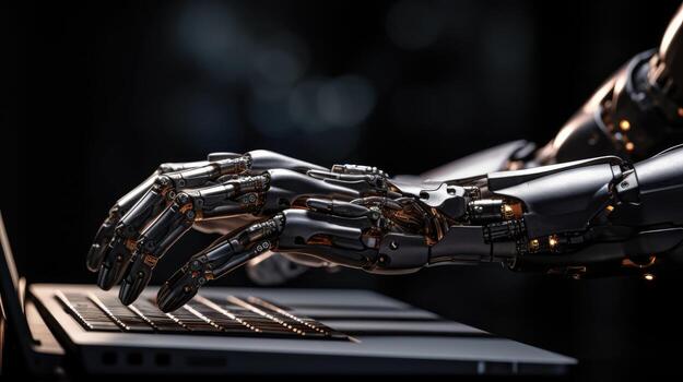 AI generated Close-up of a robotic arm pressing a key on a laptop computer, Ai Generated photo