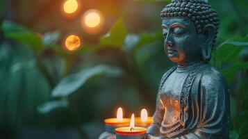 AI generated Serene Buddha statue with candles in a peaceful natural setting, Ai Generated. photo