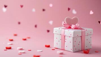 ai generado rosado regalo caja con celebración corazones en un rosado fondo, ai generado foto