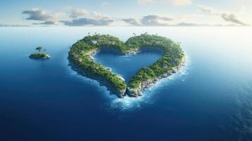 ai generado en forma de corazon isla en el azul océano, un único y romántico isla concepto, ai generado foto