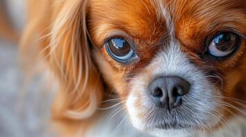 ai generado de cerca de un pequeño perro con marrón y blanco pelo, sus expresivo ojos brillante, ai generado. foto