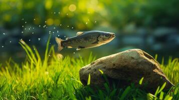 AI generated Surreal scene unfolds as a fish floats in the air above a rock amidst grass, Ai Generated. photo