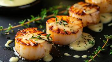 AI generated Elevate your taste buds with the harmonious blend of grilled scallops and a tantalizing lemon sauce, a culinary masterpiece, Ai Generated. photo