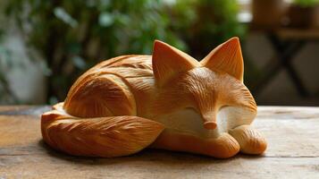 AI generated Unique bread loaf resembling an fox resting on a wooden table, Ai Generated photo