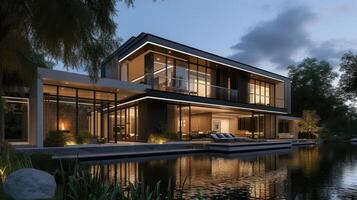 AI generated A 3D rendering of a modern beachfront house, a coastal dream come to life. Ai Generated photo