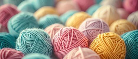 AI generated A captivating abstract backdrop with multicolored yarn balls, creating a warm and inviting knitting-themed background with pastel soft colors, Ai Generated. photo